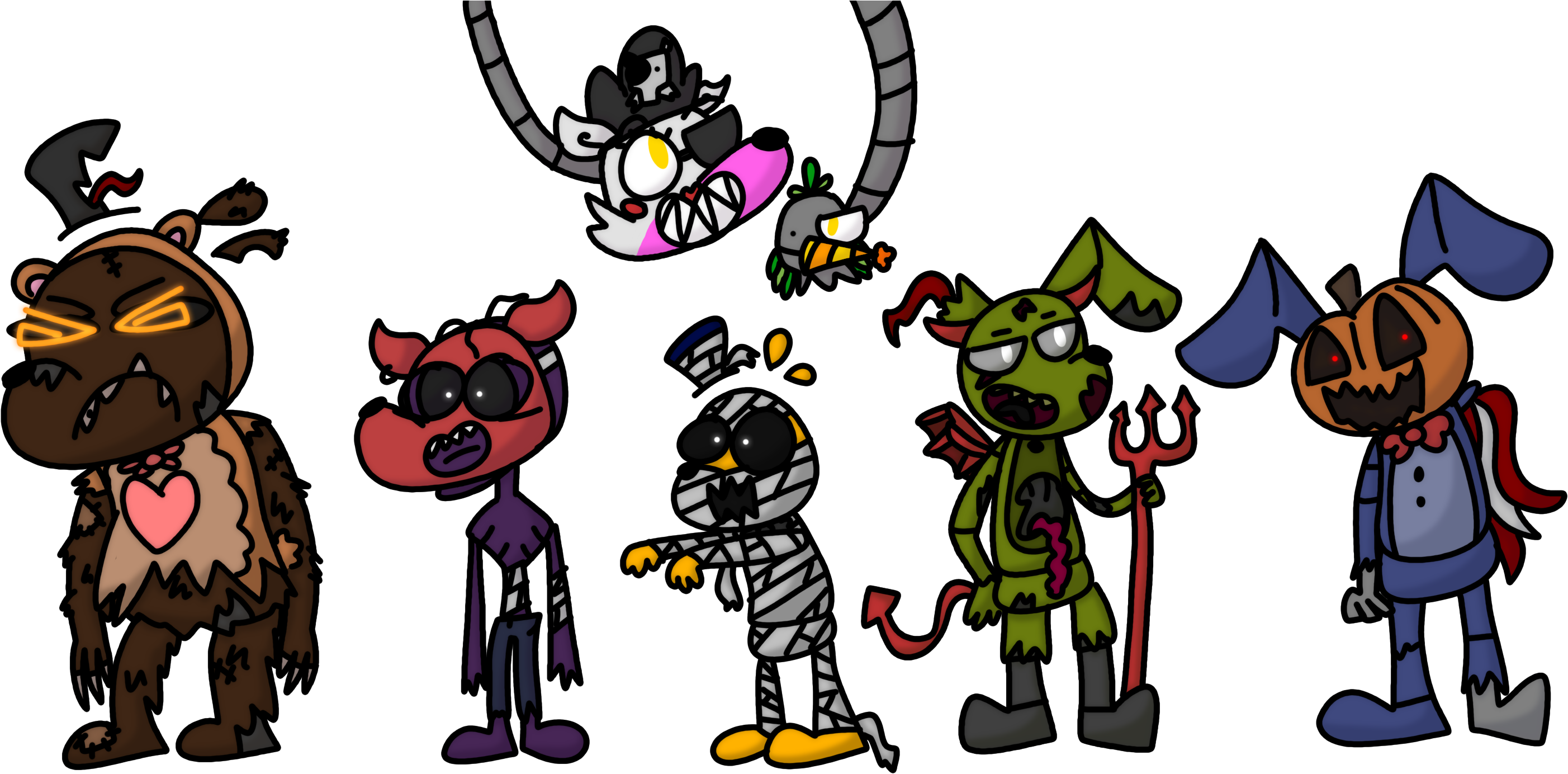 Drew A Bunch Of Fnaf Characters In Costumes For Halloween (3000x1466), Png Download