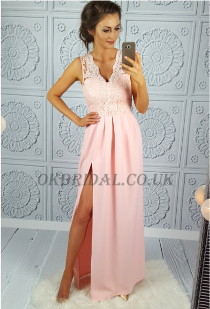 Pink Lace Prom Dress, V-neck Prom Dress, Sexy Side (600x600), Png Download