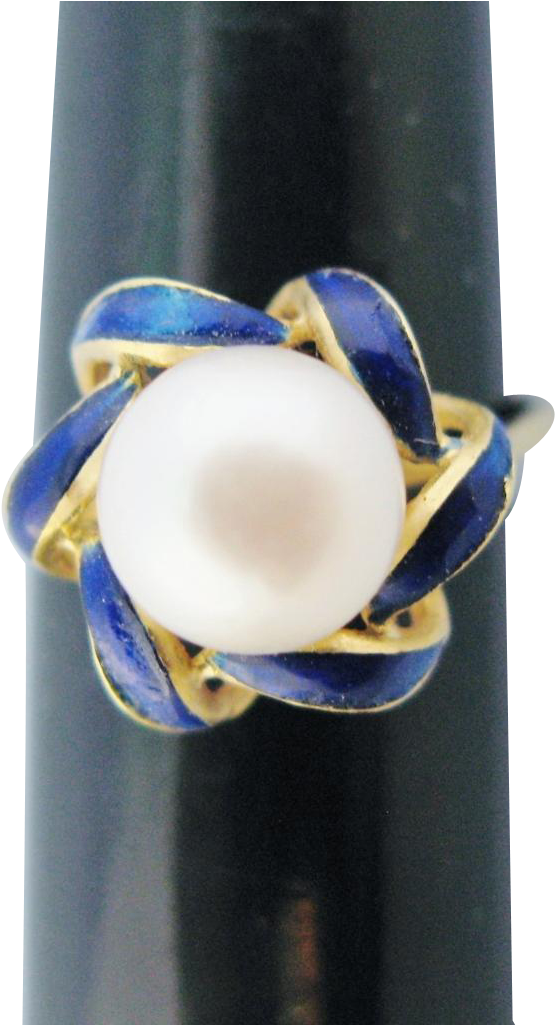 Vintage 18k Gold Ring Pearl Solitaire Cobalt Blue Enamel (1024x1024), Png Download
