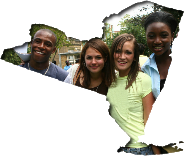 Smiling Teens In Outline Of New York State (664x555), Png Download