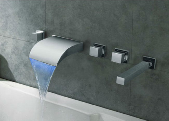 Wall Mount Led Waterfall Bathtub Faucet With Hand-held (650x650), Png Download