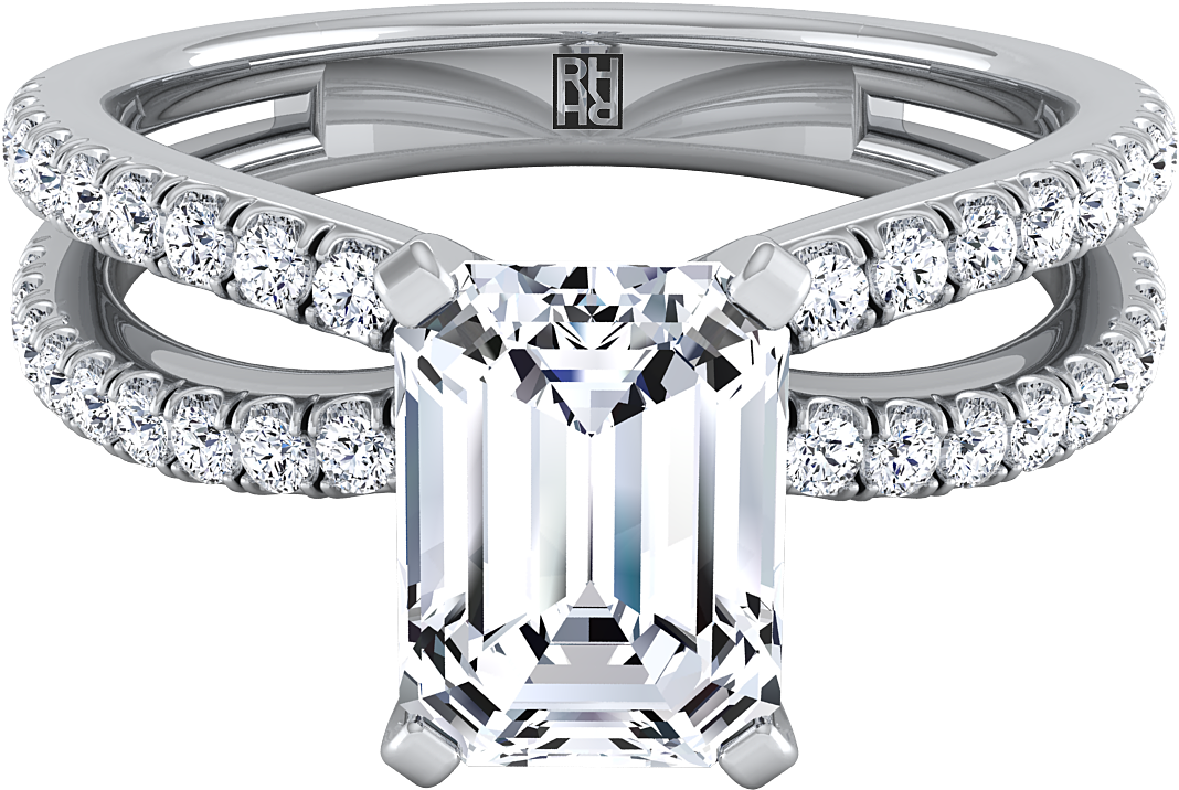Emerald Cut Diamond Engagement Ring With Pave Split (1400x1400), Png Download