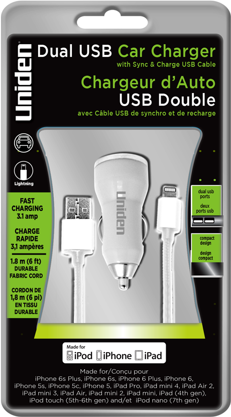 Dual Usb Car Charger With Apple Lightning Cable (543x950), Png Download