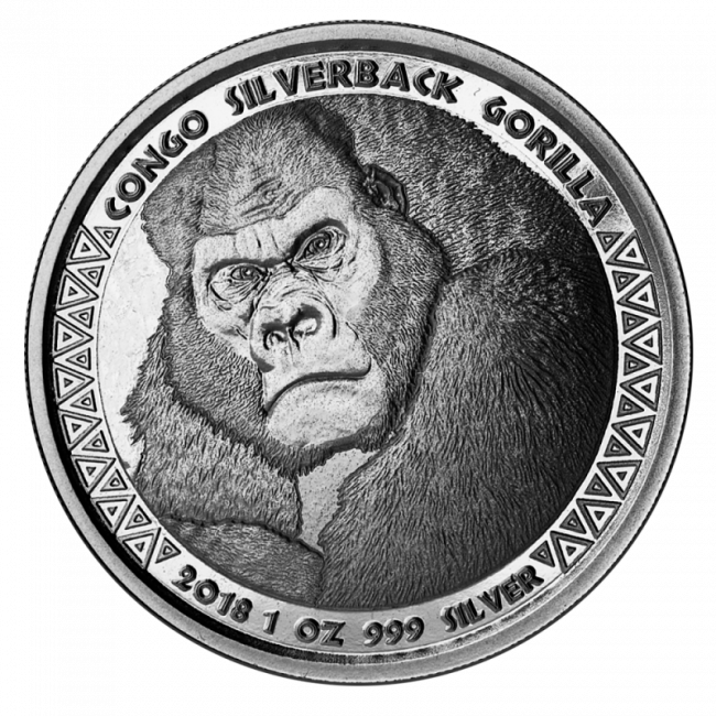 1 Oz Congo Silverback Gorilla Silver Front (650x650), Png Download