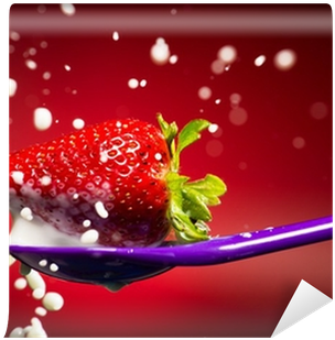 Strawberry On The Spoon And Milk Splash Wall Mural - Spoon (400x400), Png Download