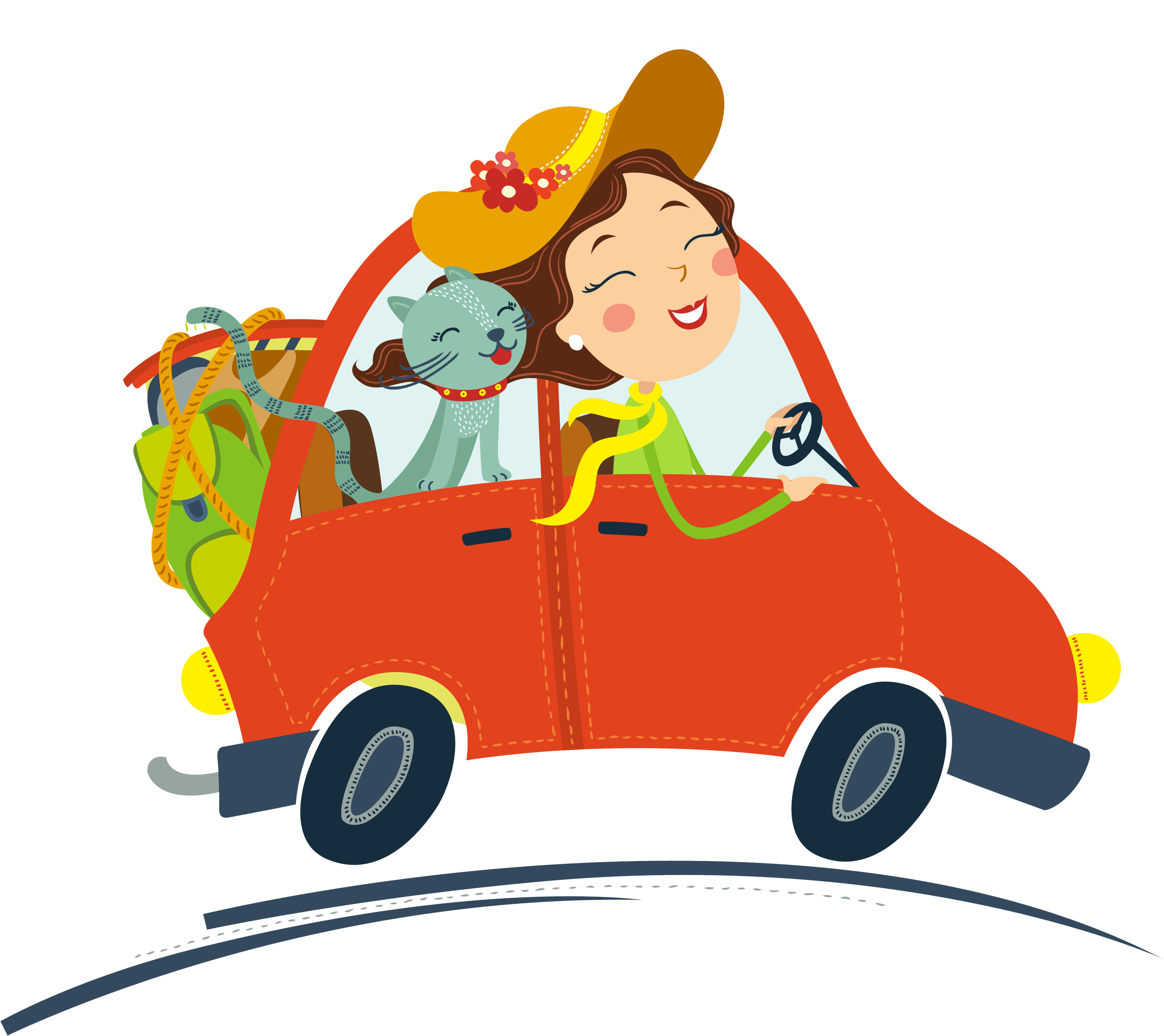 Graphic Royalty Free Stock Car Traveling Clipart - Cat And Car Clipart (2967x2641), Png Download