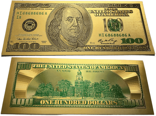 $100 Benjamin Franklin Colorized Gold Foil Polymer - 100 Dollar Bill (500x372), Png Download
