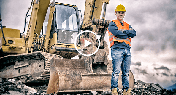 Construction Worker In Front Of Excavator (842x383), Png Download
