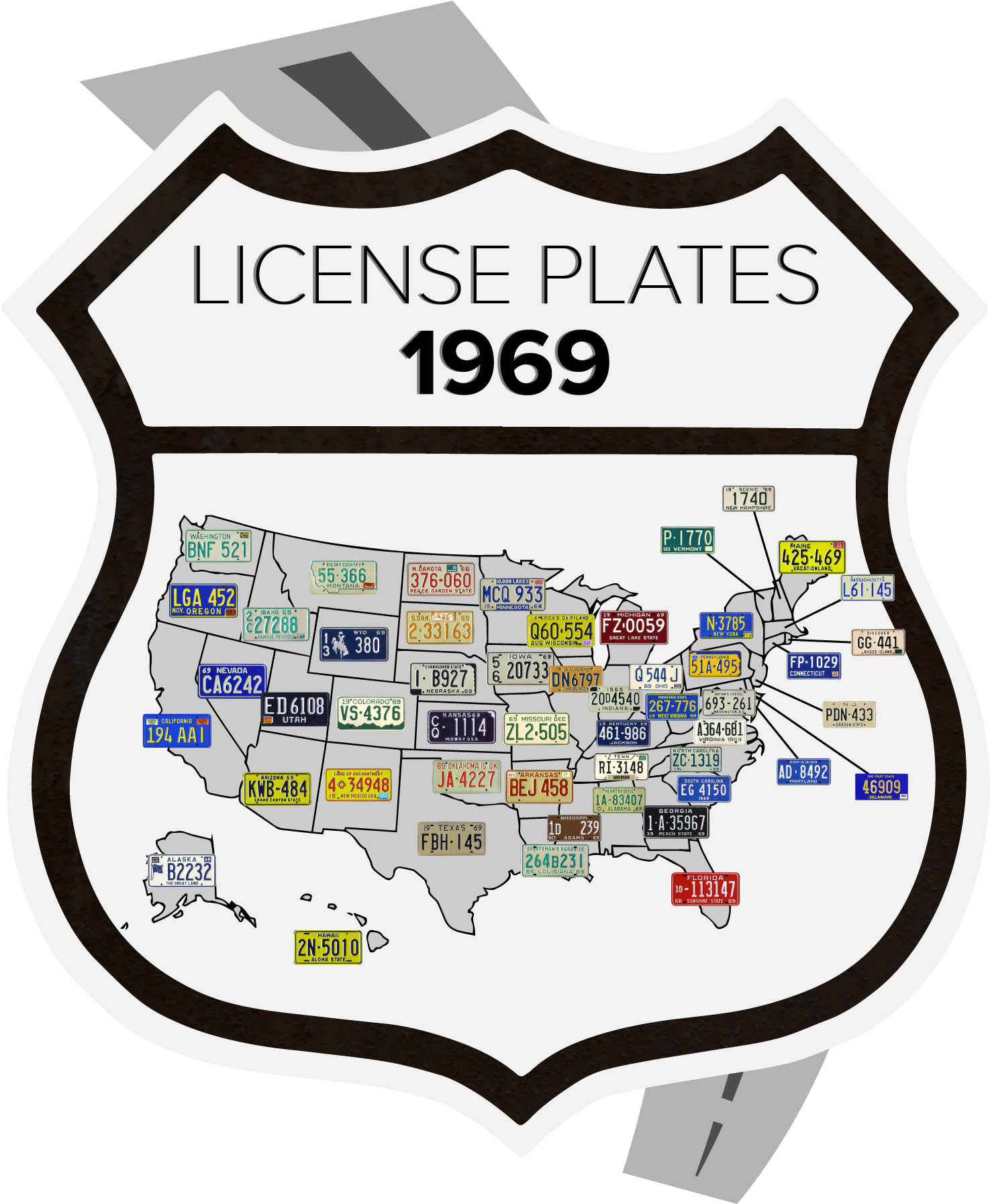 1969 License Plate Map (1500x1816), Png Download