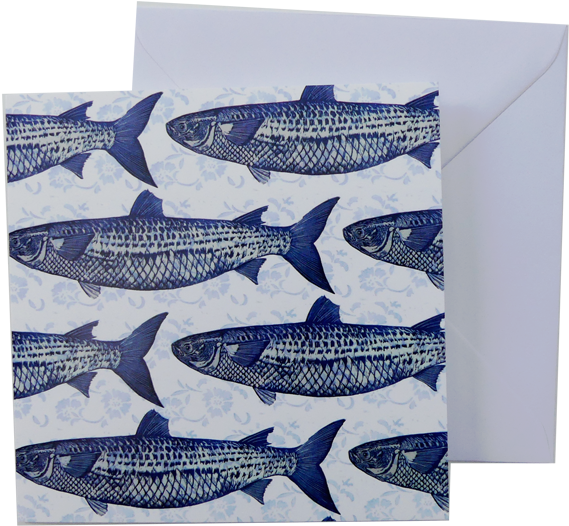 Greeting Card And Envelope Blue And White Fish Print (600x800), Png Download