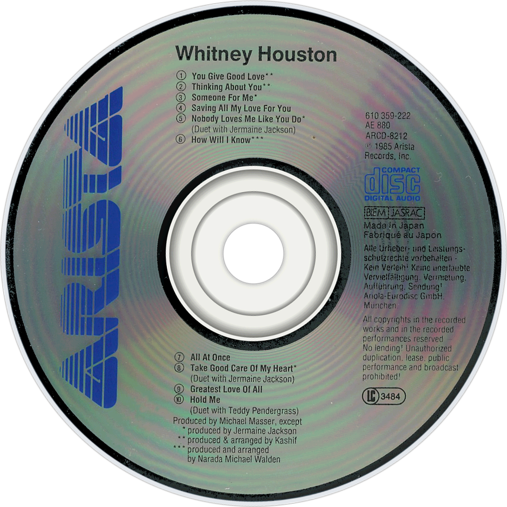 Whitney Houston Whitney Houston Cd Disc Image (1000x1000), Png Download