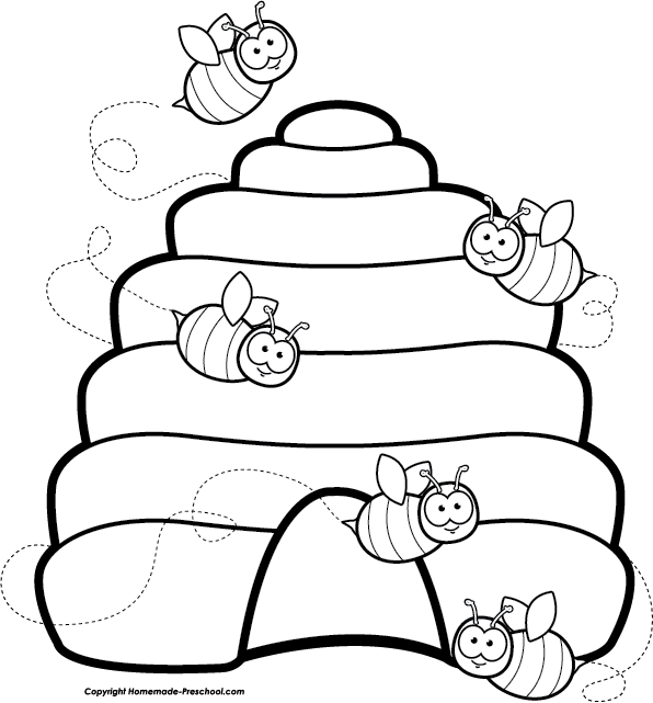 Beehive Free Bee Clipart - Hives Bees Clipart Black And White (596x641), Png Download