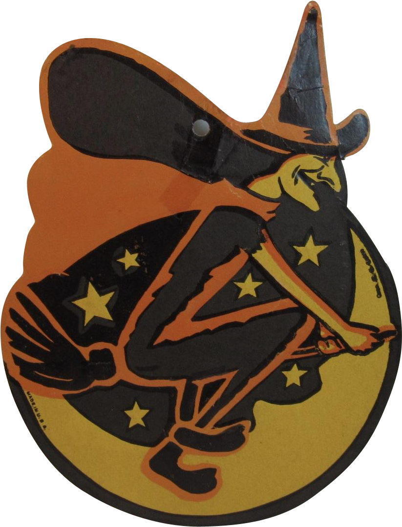 Vintage Halloween H E Luhrs Witch On Broomstick And (1079x1079), Png Download