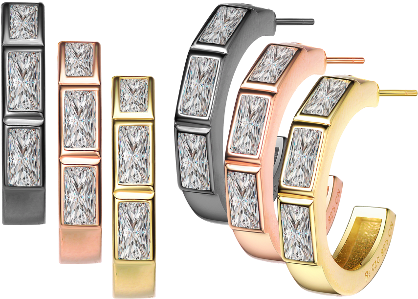 Rachel Glauber Three Stone Baguette Diamond C Hoop (864x864), Png Download