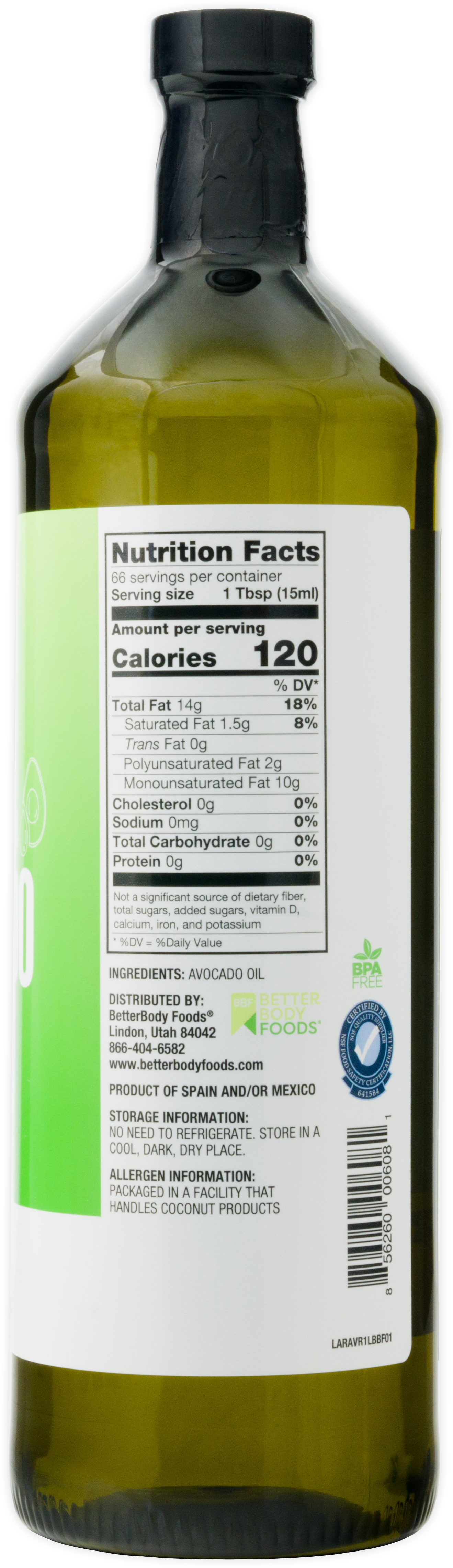 Betterbody Foods Naturally Refined Avocado Oil (1319x4566), Png Download