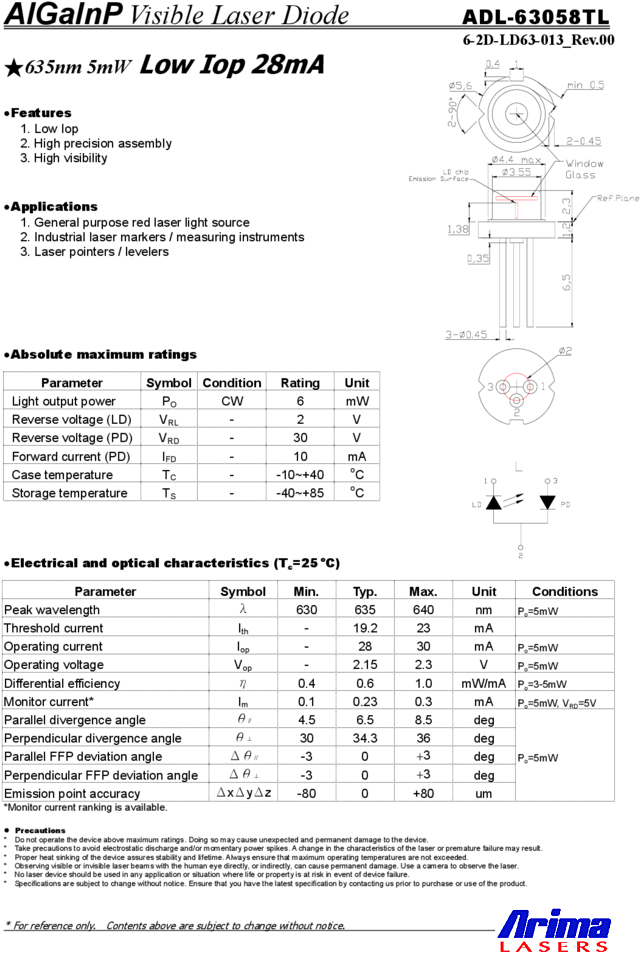 635nm 6mw To Can Arima Lasers (754x1067), Png Download