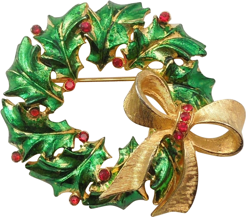 Mylu Green Christmas Holly Wreath Pin With Red Stones (812x812), Png Download