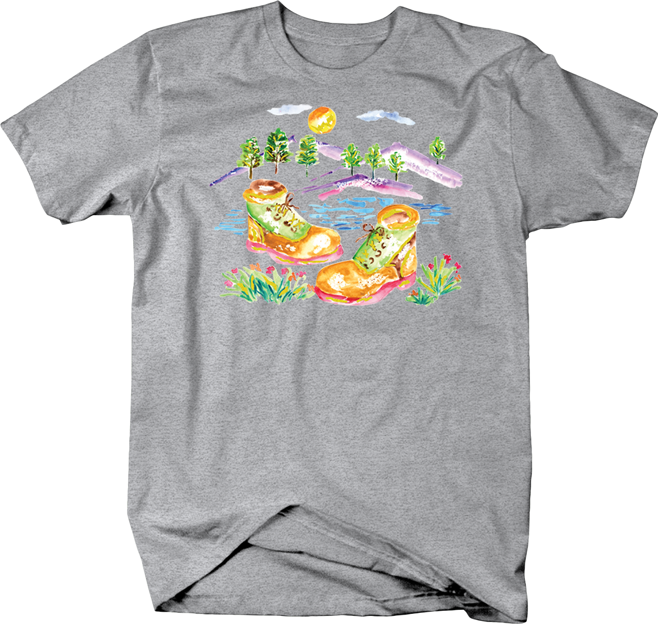 Watercolor Work Boots Hills Trees Sun Flowers Water (1295x1229), Png Download