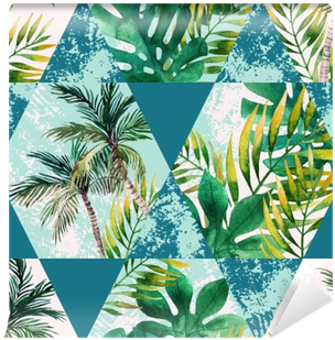 Watercolor Tropical Leaves And Palm Trees In Geometric - Watercolor Painting (400x400), Png Download