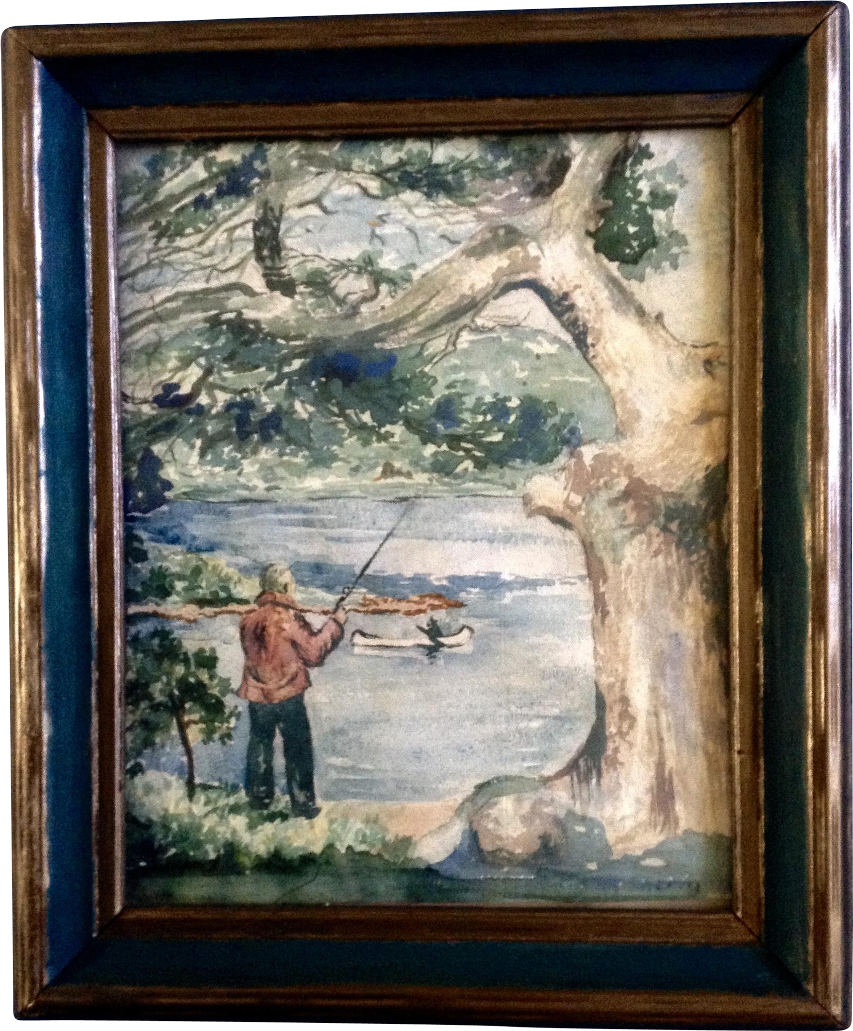 Sherman, Fishing On The Riverbank Watercolor Painting - Picture Frame (2048x2048), Png Download