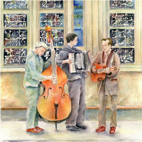 Watercolor Of London Street Musicians - Violone (1000x500), Png Download