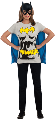 Adult Batgirl Cape T-shirt With Mask - Womens Small Size 0-4 Batgirl Bat Girl Costume T-shirt (415x415), Png Download