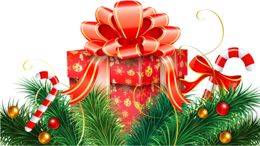 Christmas Decoration With Candy Canes And Red Gift (850x499), Png Download