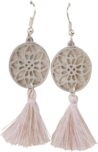 Mandala Silver Tone Light Pink Tassel Earrings (580x656), Png Download