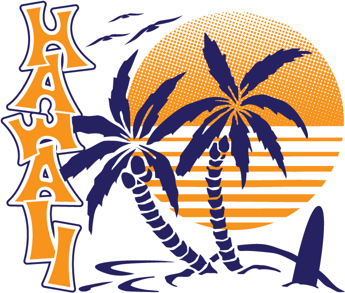 Hawaii Palm Trees Sunset Surfboard Hawaiian Islands (741x676), Png Download