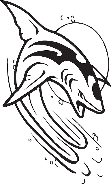 Black, Sun, White, Shark, Jumping, Waves, Wave - Black And White Shark Logo Vector (385x640), Png Download