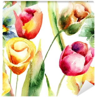 Watercolor Illustration Of Tulips Flowers Wall Mural - Atelie Valverdi Jogo De Quadros Tulipas - Branco (400x400), Png Download