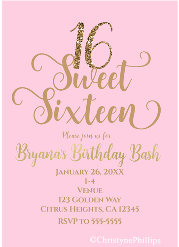 Sweet 16 Pink & Gold Birthday Party Modern Chic Invitations - Sweet 16 Invitations (500x500), Png Download