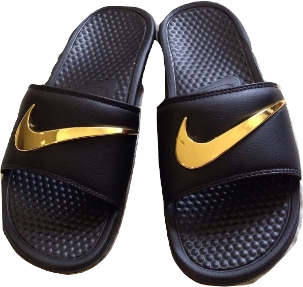 Custom Black Nike Sandals With Gold Swoosh (653x620), Png Download