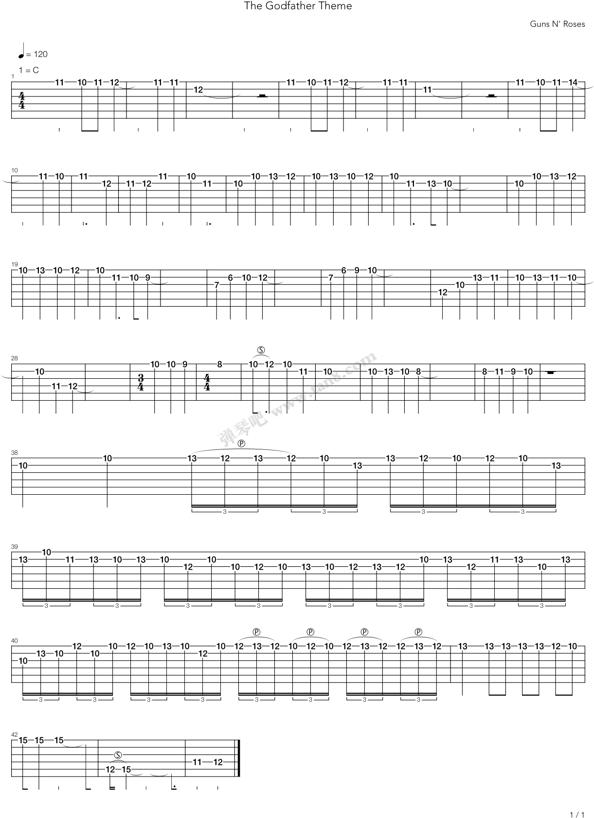 The Godfather Theme 电吉他 第1张 (1240x1754), Png Download