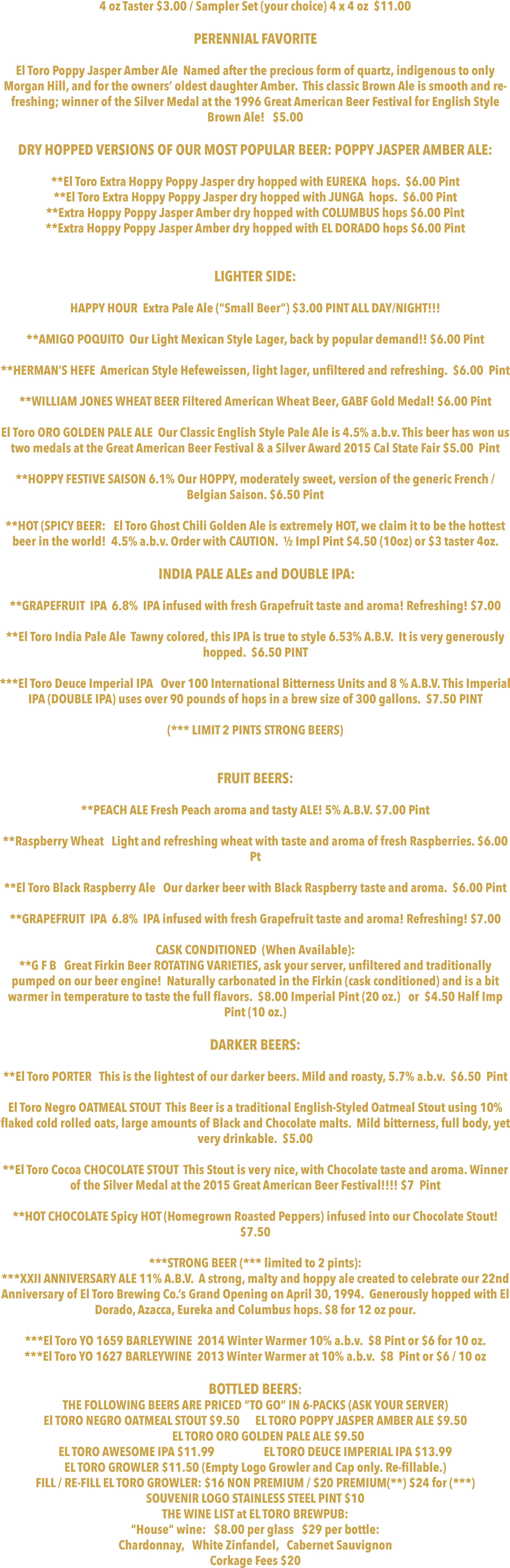 El Toro Brewpub Beer & Wine List (2855x8854), Png Download