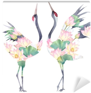 Watercolor Print With Crane Of Lotus Flowers - Japanese Flower By Season Watercolors (400x400), Png Download