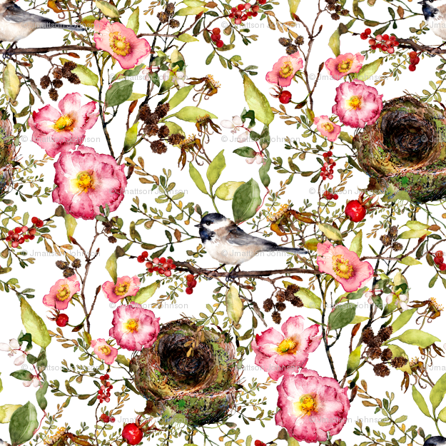 Chickadee With Nest Watercolor On White Fabric - Made In Skandia (625x625), Png Download