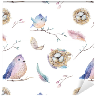 Watercolor Spring Rustic Pattern With Nest, Birds, - Clipart Watercolor Illustrations Spring (400x400), Png Download
