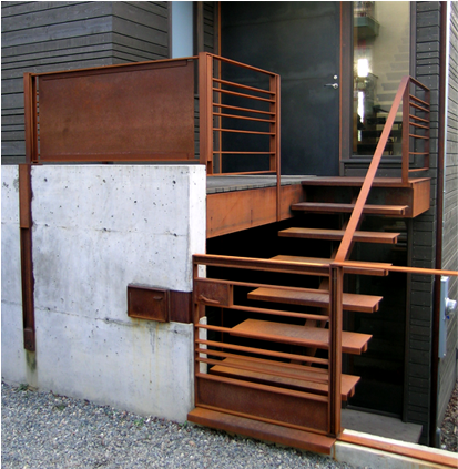 Blackened Steel Pivot Door, Oxidized Steel Stair And (822x422), Png Download