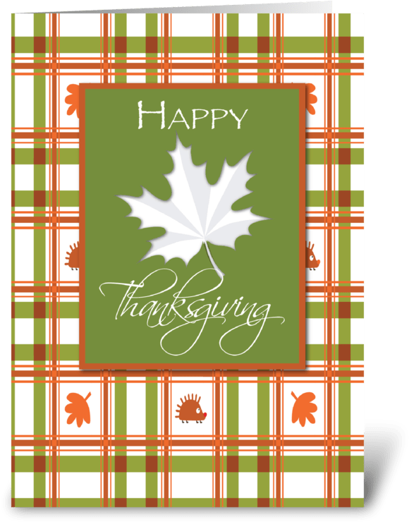 Happy Thanksgiving, Leaf On Plaid Greeting Card (700x792), Png Download