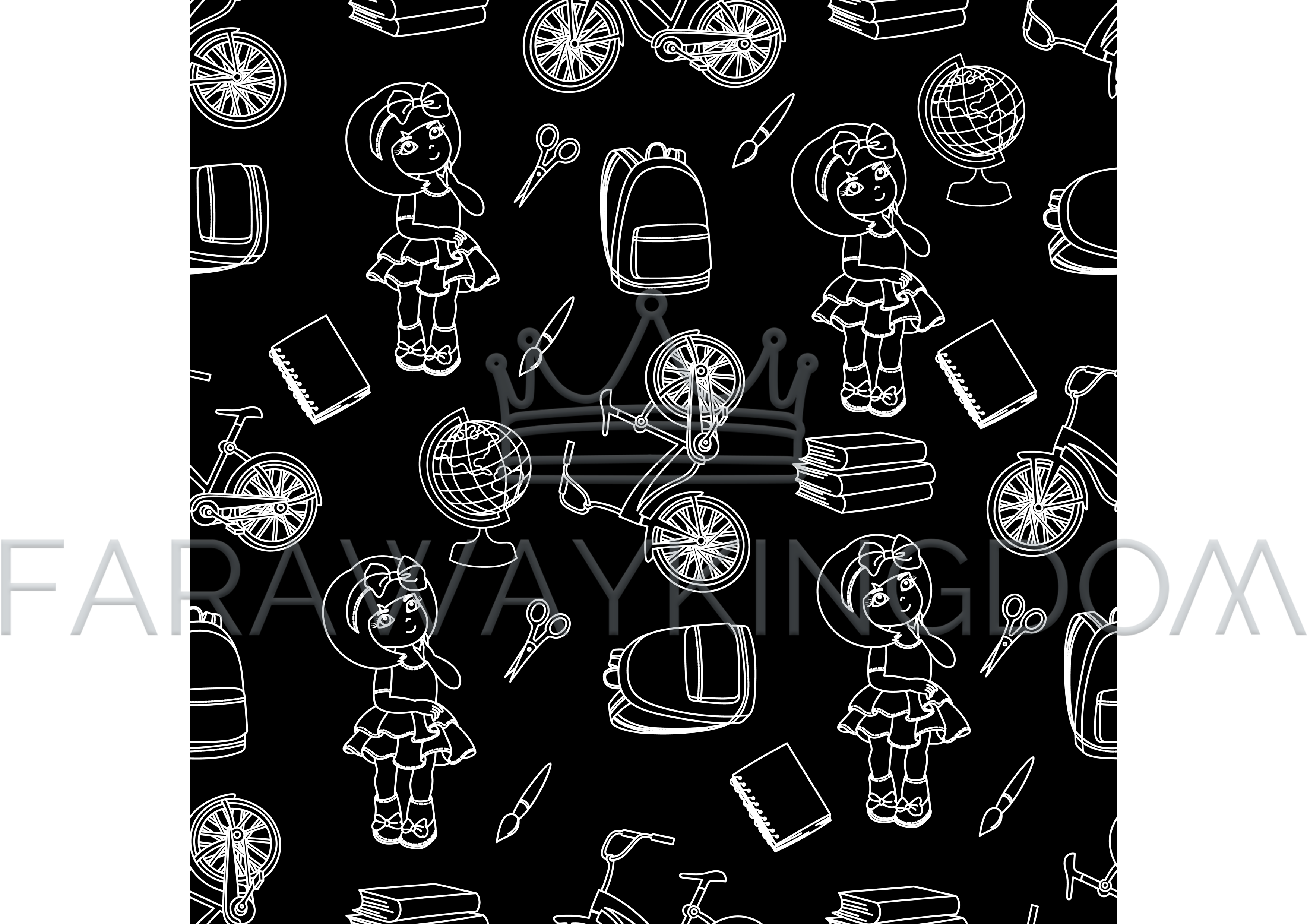 School Girl Black Vector Seamless Pattern (3508x2480), Png Download