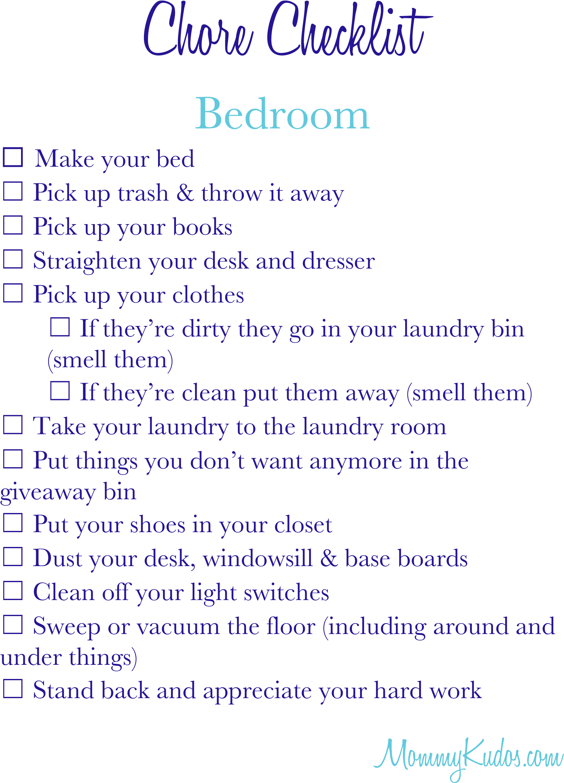 Mommy Kudos Chore Checklist- Tween Or Teen Bedroom (2076x2810), Png Download