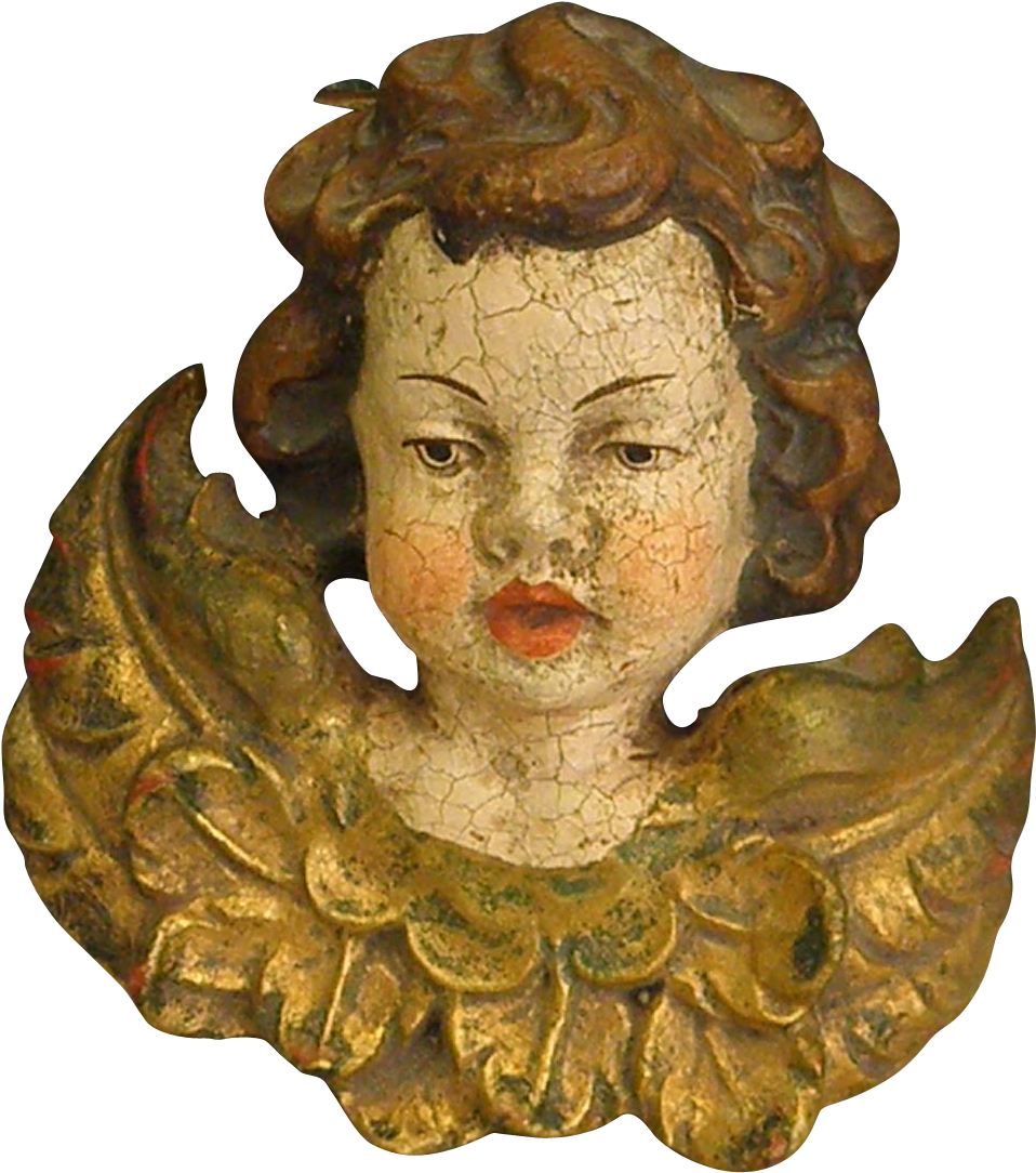 Vintage Carved Wood Polychrome Putto Angel Cherub (1083x1083), Png Download