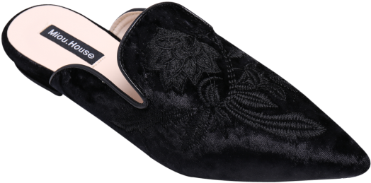 Pointed Toe Embroidered Velvet Flat Shoes Black Flat - Miou House Shoes (400x533), Png Download