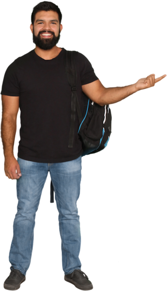 Dennis With Backpack And Pointing - Backpack (345x600), Png Download