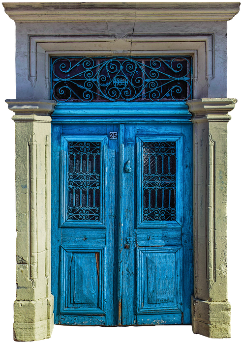 Front Door, Door, Decorated, Blue, Window, Glass (510x720), Png Download