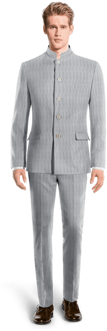 Grey Mao Striped Seersucker Suit-view Front (400x1089), Png Download