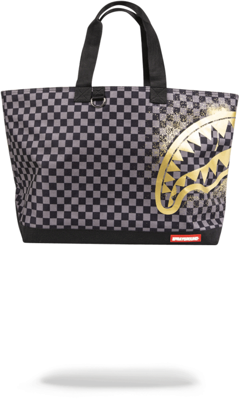 Sprayground Gold Stencil Checkered Shark Tote (802x1023), Png Download