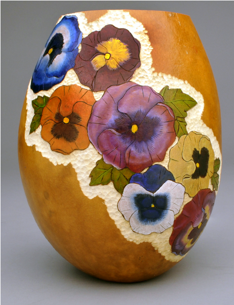 This Gourd Vase Has 7 Wood Burned And Painted Pansies (600x600), Png Download