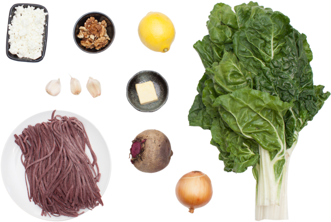 Fresh Beet Pasta With Swiss Chard, Goat Cheese & Walnuts (700x477), Png Download
